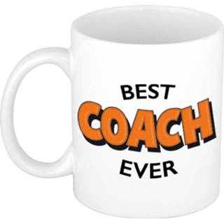 Beker active wit oranje Best coach ever cadeau mok / met cartoon letters 300 ml