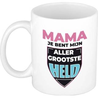 👉 Beker wit keramiek Mama je bent mijn allergrootste held cadeau mok / met schild 300 ml