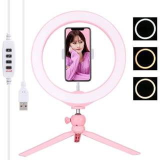 👉 Statiefbevestiging roze active PULUZ 10.2 inch 26 cm Licht + Desktop USB 3 Modi Dimbare LED-ring Vloggen Selfie Fotografie Videolichten met koude schoen Statief Balhoofd en telefoonklem (roze)