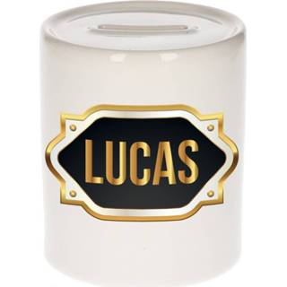 👉 Spaarpot gouden active Naam cadeau Lucas met embleem
