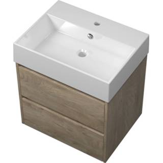 👉 Badmeubel porselein glans keramische wit Bewonen Loft met wastafel 1 kraangat en onderkast symmetrisch - Raw oak 60x46cm (bxd)