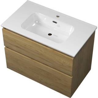 👉 Badmeubel wit keramische glans porselein Bewonen Elegant met wastafel 1 kraangat en onderkast a-symmetrisch - Ideal oak 80x46cm (bxd)
