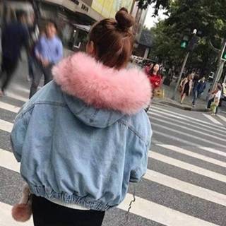 👉 Bontkraag jas roze fluwelen XL active vrouwen Winter denim katoenen dames plus dikke losse capuchon (kleur: maat: XL)