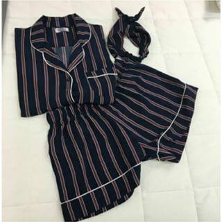 👉 Shirt blauw s active kleding vrouwen Damespyjama Kraagvorm 2 Tweedelige set + korte broek Gestreepte casual pyjama-sets, maat: (blauw)