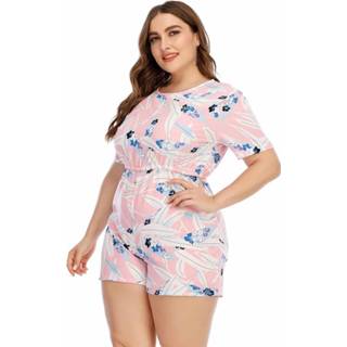 👉 Jumpsuit roze XXL active schoonheid Jumpsuits met ronde hals en print korte mouwen Comfortabele vrijetijdskleding (kleur: roze, maat: XXL)