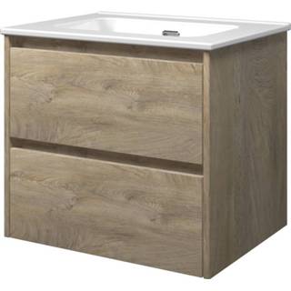 👉 Badmeubel keramische porselein glans wit Bewonen Elegant met wastafel zonder kraangat en onderkast symmetrisch - Raw oak 60x46cm (bxd)