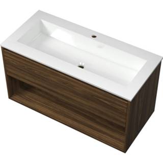 👉 Badmeubel wit glans Bewonen Elegant met open vak polystone wastafel 1 kraangat - Cabana oak/Glans 100x46cm (bxd)