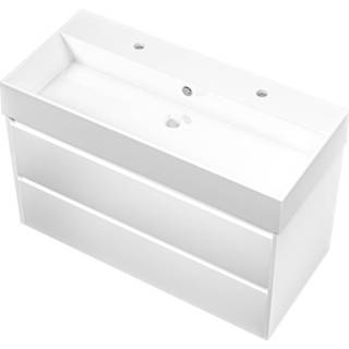 👉 Badmeubel glans keramische porselein wit Bewonen Loft met wastafel 2 kraangaten en onderkast symmetrisch - Mat 100x46cm (bxd)