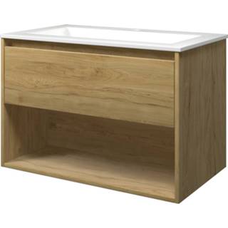 👉 Badmeubel glans wit Bewonen Elegant met open vak polystone wastafel 1 kraangat - Ideal oak/Glans 80x46cm (bxd)