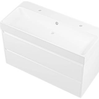 👉 Badmeubel wit Bewonen Loft met polystone wastafel 2 kraangaten en onderkast symmetrisch - Mat wit/ 100x46cm (bxd)