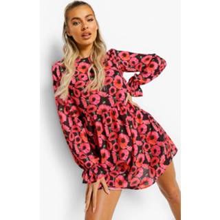 Gesmokte Bloemenprint Jurk Met Geplooide Zoom, Hot Pink