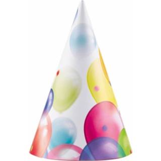 👉 Feesthoed karton kunststof multikleur kinderen 8x Stuks Feesthoedjes Met Ballonnen Opdruk Van - Kinder Verjaardag Feestje Artikelen 8719538127630