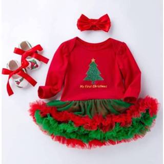 👉 Rompertje 59 active schoonheid baby's kinderen Baby Lange Mouw Cartoon Romper Netgaren Tutu Driedelige Kinderkleding (Kleur: Kerstboom Maat: 59)