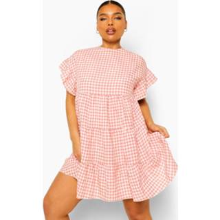 👉 Plus Gesmokte Gingham Jurk Met Laagjes, Blush