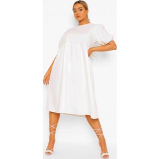 👉 Plus Gesmokte Geweven Midi Jurk Met Wijde Mouwen, White