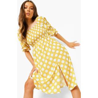 👉 Geplooide Midi Jurk Met Pofmouwen En Stippen, Mustard