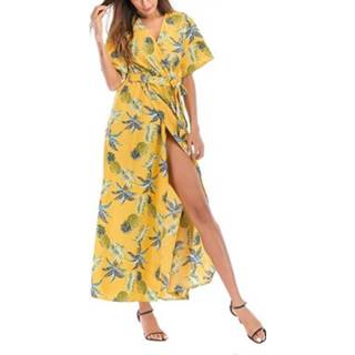 👉 Strandjurk gele s active Jurk||||Jurk>Kleding Lange, open met korte mouwen en bloemenprint (kleur: ananas, maat: S)