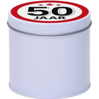 👉 Cadeauverpakking wit metalen aluminium active rond blikje 10 cm met 50 jaar sticker