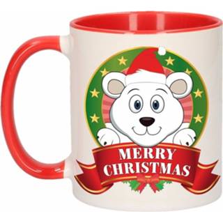 👉 Beker rood wit keramiek keramisch multikleur 1x Kerst / Mok - Met 300 Ml Ijsbeer Print 8719538327429