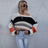 Trui oranje l active kleding Driekleurige gestikte gestreepte Losse casual (kleur: Maat: L)