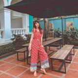 👉 Oorknop rood hout m active Schoonheid>Vrouwenkleding Vakantie-stijl retro bedrukt taille wijde pijpen broek bloemen stropdas jumpsuit (kleur: maat: M)