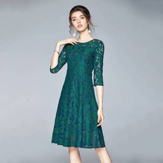 👉 Halflange jurk groen l active Jurk||||Jurk>Kleding Ronde hals bedrukt kant driekwart mouwen (kleur: maat: L)