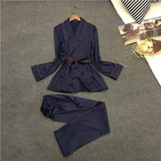 👉 Badjas blauw zijde l active kleding Pyjama Imitatie Zijden Revers Vrijetijdskleding Huiskleding, Maat: (Blauw)