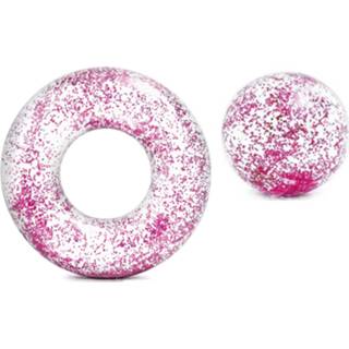 👉 Zwembandje active roze Intex set opblaasbare glitter zwemband/zwemring met strandbal