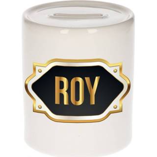 👉 Spaarpot gouden active Naam cadeau Roy met embleem