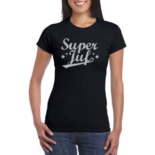 👉 Shirt zilveren active vrouwen zwart Super juf cadeau t-shirt met glitters op voor dames