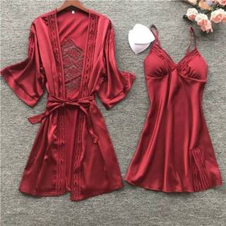 👉 Badjas rood l active kleding vrouwen Dames Robe&Gown Sets Sexy Lace Lounge Pijama Lange Mouw Nachtkleding Nachtjurk met Borstkussens, Maat: (Rood)