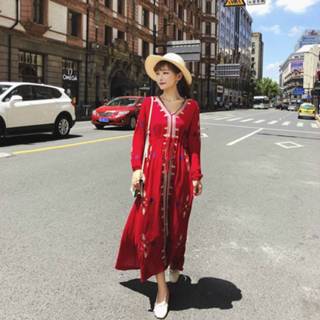 👉 Vakantiejurk rood katoen linnen m active Jurk||||Jurk>Kleding Boheemse etnische stijl en borduurwerk dunne vakantie jurk strand rok (kleur: maat: M)