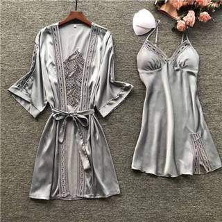 👉 Badjas grijs m active kleding vrouwen Dames Robe&Gown Sets Sexy Lace Lounge Pijama Lange Mouw Nachtkleding Nachtjurk met Borstvullingen, Maat: (Grijs)