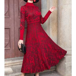 👉 Gebreide jurk rood XXL active Jurk||||Jurk>Kleding vrouwen Dames halfhoge kraag (kleur: maat: XXL)
