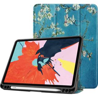 👉 Pencil witte active IPad Air 2020 hoes - 10.9 inch Tri-Fold Book Case met Apple Houder Bloesem 8719793113546