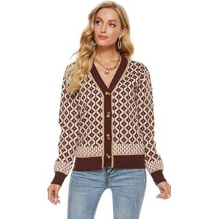 👉 Gebreide trui elastische l active kleding Cardigan Retro Rhombus Extra Wear All-Match Top Coat (Kleur: Koffie Maat: L)