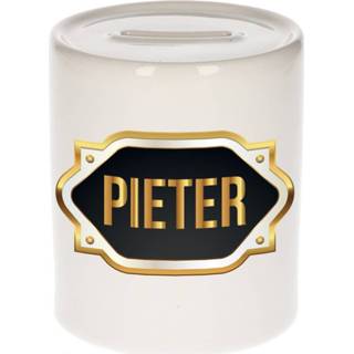👉 Spaarpot gouden active Naam cadeau Pieter met embleem