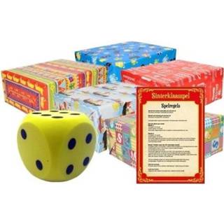 👉 Dobbelsteen geel active Sinterklaasavond/pakjesavond spel en 5x cadeaupapier/inpakpapier rollen