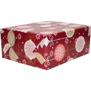 👉 Kerst papier active rood 1x Kerstpapier rol donkerrood met gekleurde grote ballen / bomen 70 x 200 cm