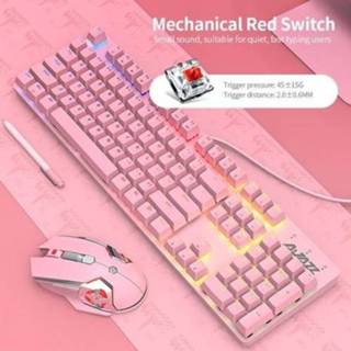 👉 Gaming keyboard roze blauw Ajazz Mechanical Mouse Combo USB Wired Set 104 Keys Mixed Light Pink (Blue Switch)