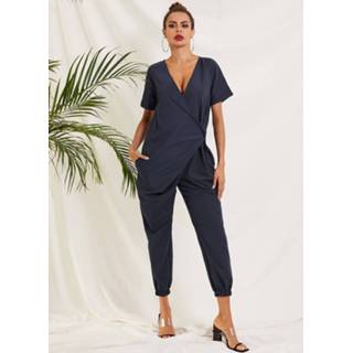 👉 Casual jumpsuit polyester m vrouwen marine Solid Color V-neck Button Plus Size for Women