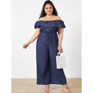 👉 Short sleeve polyester vrouwen m dark blue Casual Off Shoulder Wide Leg Plus Size Jumpsuit with Pockets