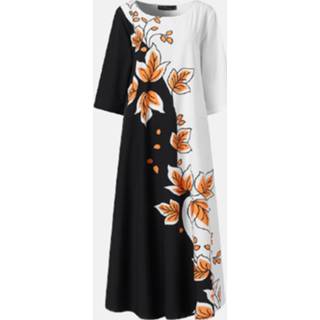 Dress polyester m vrouwen oranje Calico Print Patchwork O-neck Plus Size Casual for Women