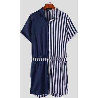 👉 Jumpsuit polyester male zwart Plus Size Mens Striped Patchwork Drawstring Waist Jumpsuits With Pocket