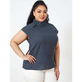 👉 Short sleeve cotton wit vrouwen blauw m Solid Color Stand Collar Plus Size Button Blouse for Women