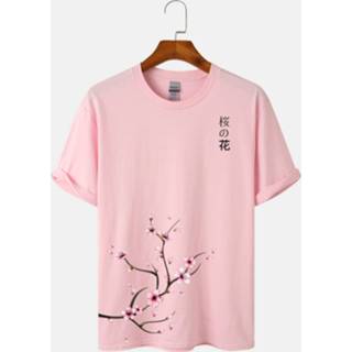 👉 Short sleeve cotton l male roze Mens Cherry Blossoms Print Japanese Style T-Shirts