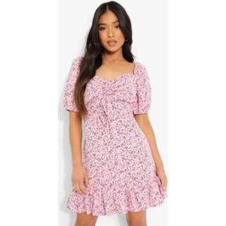 Petite Bloemenpatroon Mini Jurk Met Geplooide Zoom, Pink Petite Bloemenpatroon Mini Jurk Met Geplooide Zoom, Pink