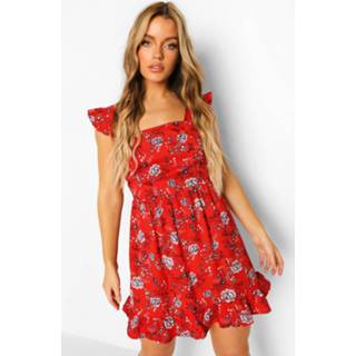 👉 Bloemenprint Mini Jurk Met Franjes En Brede Bandjes, Red