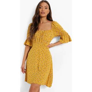 👉 Ditsy Floral Square Neck Skater Dress, Mustard