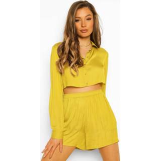 👉 Satijnen Korte Blouse En Shorts Set, Chartreuse